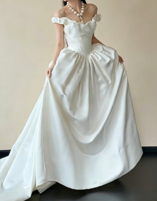 Enchanting Off-Shoulder White Wedding Dress Satin A-Line Bridal Dress GG6236