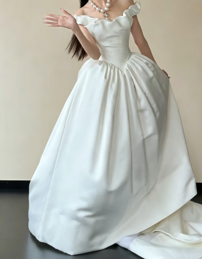 Enchanting Off-Shoulder White Wedding Dress Satin A-Line Bridal Dress GG6236