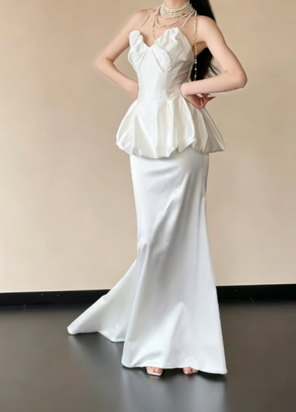 Classical Strapless Long Wedding Dress Satin Tiered Mermaid Bridal Dress GG6238