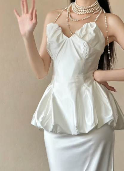 Classical Strapless Long Wedding Dress Satin Tiered Mermaid Bridal Dress GG6238