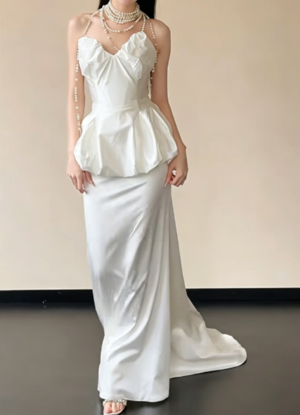 Classical Strapless Long Wedding Dress Satin Tiered Mermaid Bridal Dress GG6238