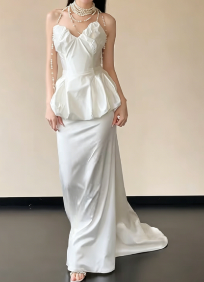 Classical Strapless Long Wedding Dress Satin Tiered Mermaid Bridal Dress GG6238