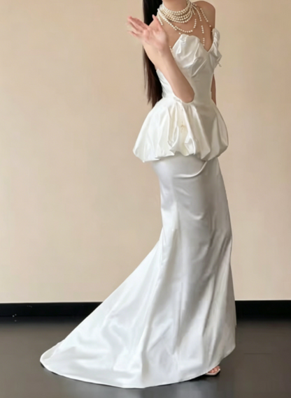 Classical Strapless Long Wedding Dress Satin Tiered Mermaid Bridal Dress GG6238