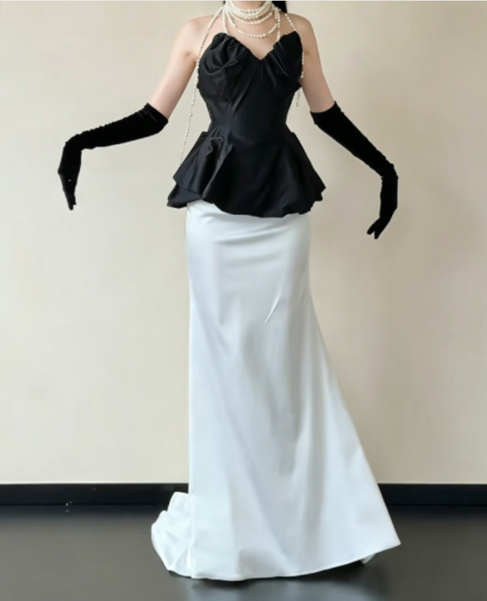 Vintage Strapless Black & White Prom Dress Satin Tiered Mermaid Evening Dress GG6239