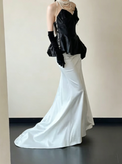 Vintage Strapless Black & White Prom Dress Satin Tiered Mermaid Evening Dress GG6239