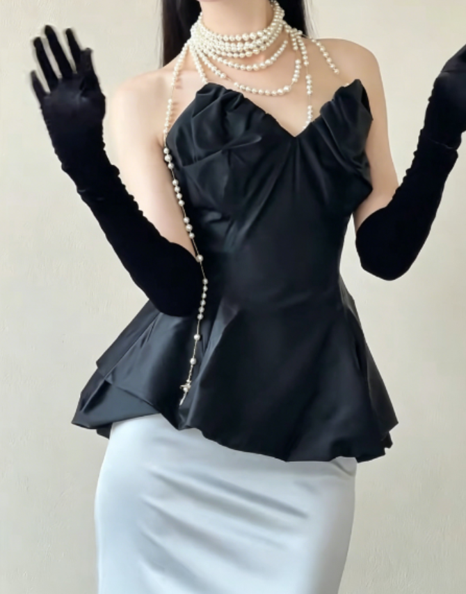 Vintage Strapless Black & White Prom Dress Satin Tiered Mermaid Evening Dress GG6239