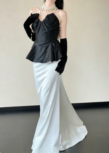 Vintage Strapless Black & White Prom Dress Satin Tiered Mermaid Evening Dress GG6239