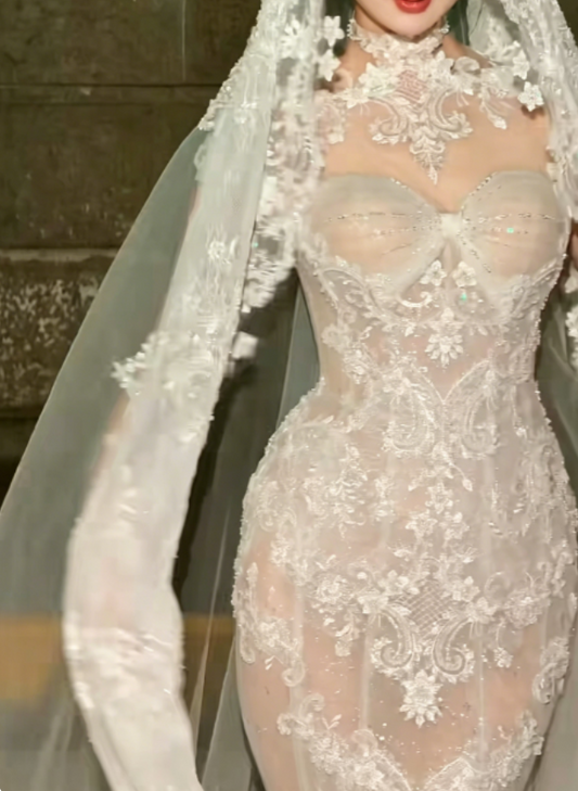 Chic Illusion Neck White Wedding Dress Lace Sequins Mermaid Bridal Dress GG6242