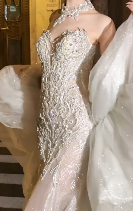 Delicated Strapless White Wedding Dress Lace Appliques Mermaid Bridal Dress GG6246