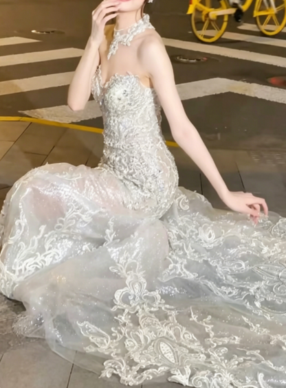 Delicated Strapless White Wedding Dress Lace Appliques Mermaid Bridal Dress GG6246