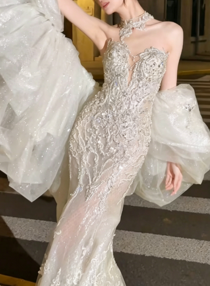 Delicated Strapless White Wedding Dress Lace Appliques Mermaid Bridal Dress GG6246