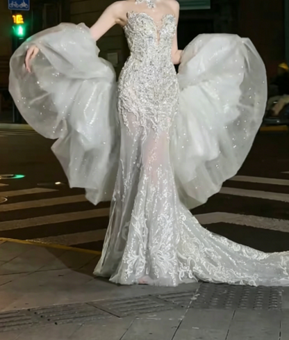 Delicated Strapless White Wedding Dress Lace Appliques Mermaid Bridal Dress GG6246