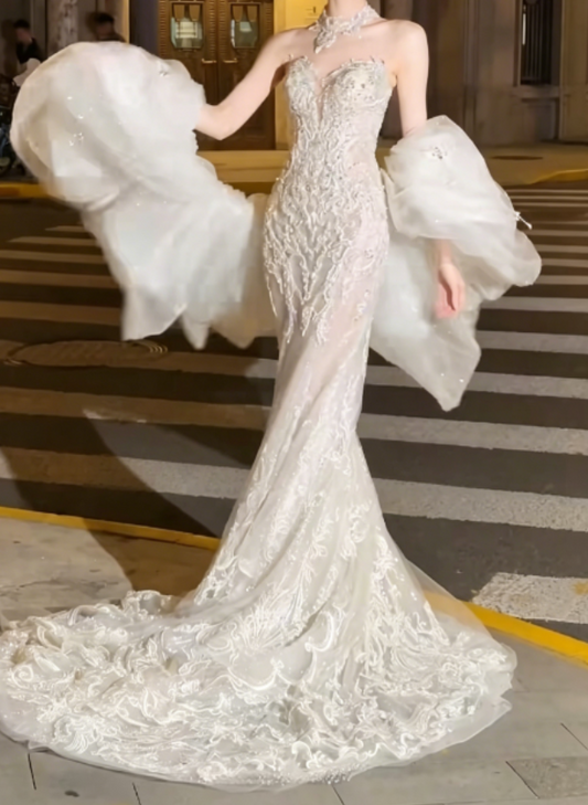 Delicated Strapless White Wedding Dress Lace Appliques Mermaid Bridal Dress GG6246