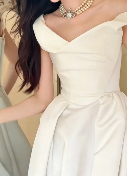 Attractive Off-Shoulder White Wedding Dress Satin A-Line Bridal Dress GG6250