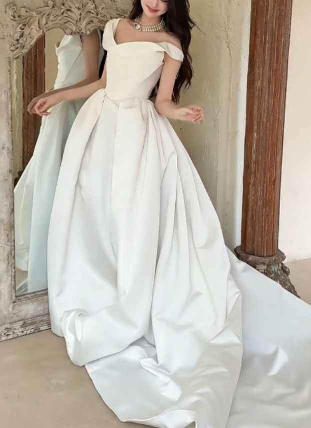 Attractive Off-Shoulder White Wedding Dress Satin A-Line Bridal Dress GG6250