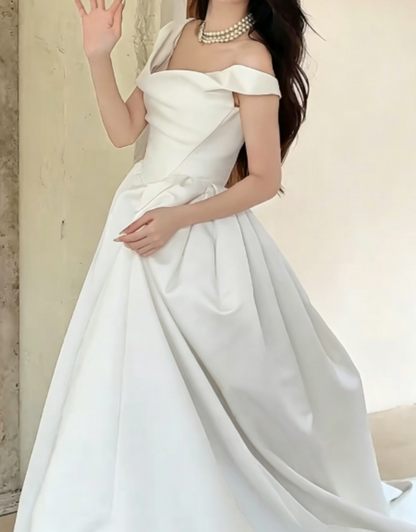 Attractive Off-Shoulder White Wedding Dress Satin A-Line Bridal Dress GG6250