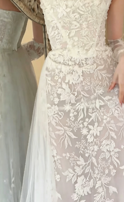 Glamorous Strapless Lace Wedding Dress White Tulle Sheath Bridal Dress GG6251