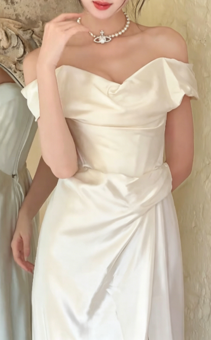 Vintage Off-Shoulder White Wedding Dress High-Slit Satin A-Line Bridal Dress GG6252