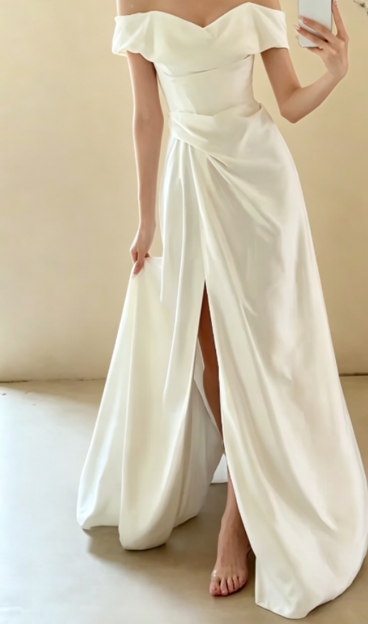 Vintage Off-Shoulder White Wedding Dress High-Slit Satin A-Line Bridal Dress GG6252