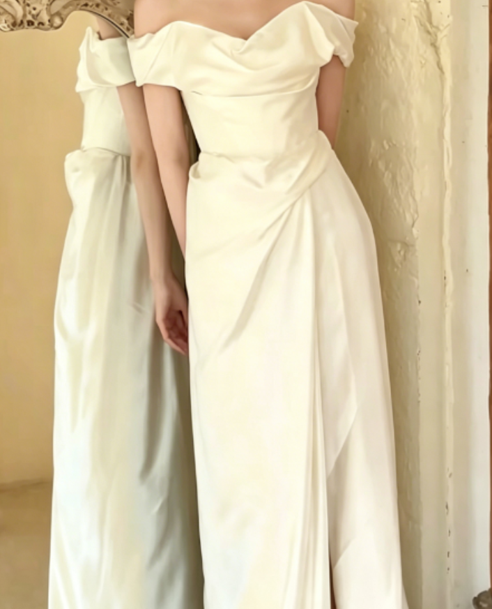 Vintage Off-Shoulder White Wedding Dress High-Slit Satin A-Line Bridal Dress GG6252