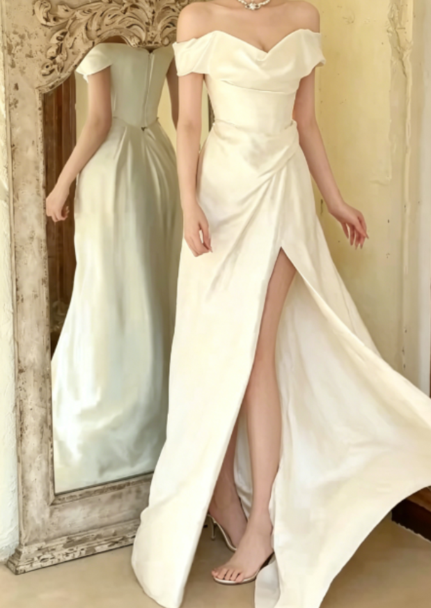 Vintage Off-Shoulder White Wedding Dress High-Slit Satin A-Line Bridal Dress GG6252