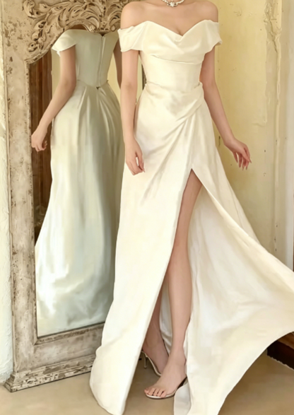 Vintage Off-Shoulder White Wedding Dress High-Slit Satin A-Line Bridal Dress GG6252
