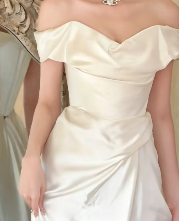 Sleek Off-Shoulder White Wedding Dress Short Satin A-Line Bridal Dress GG6253