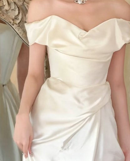 Sleek Off-Shoulder White Wedding Dress Short Satin A-Line Bridal Dress GG6253