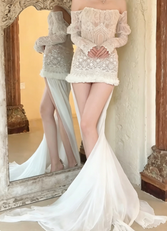Unique Off-Shoulder White Wedding Dress Short Lace Pearls Sheath Bridal Dress GG6254