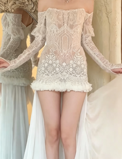 Unique Off-Shoulder White Wedding Dress Short Lace Pearls A-Line Bridal Dress GG6254