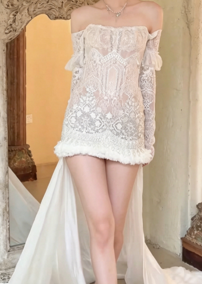 Unique Off-Shoulder White Wedding Dress Short Lace Pearls A-Line Bridal Dress GG6254