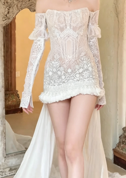 Unique Off-Shoulder White Wedding Dress Short Lace Pearls A-Line Bridal Dress GG6254