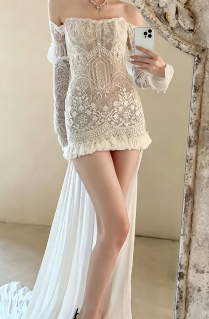 Unique Off-Shoulder White Wedding Dress Short Lace Pearls A-Line Bridal Dress GG6254