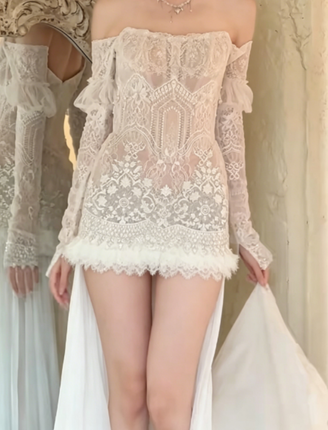 Unique Off-Shoulder White Wedding Dress Short Lace Pearls A-Line Bridal Dress GG6254