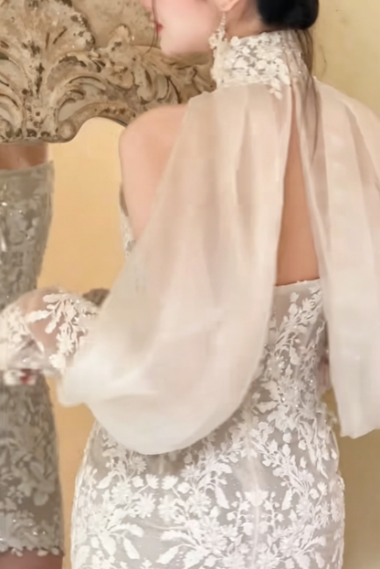 Charming Strapless White Wedding Dress With Sleeve Short Lace A-Line Bridal Dress GG6255