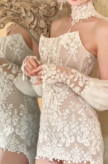 Charming Strapless White Wedding Dress With Sleeve Short Lace A-Line Bridal Dress GG6255