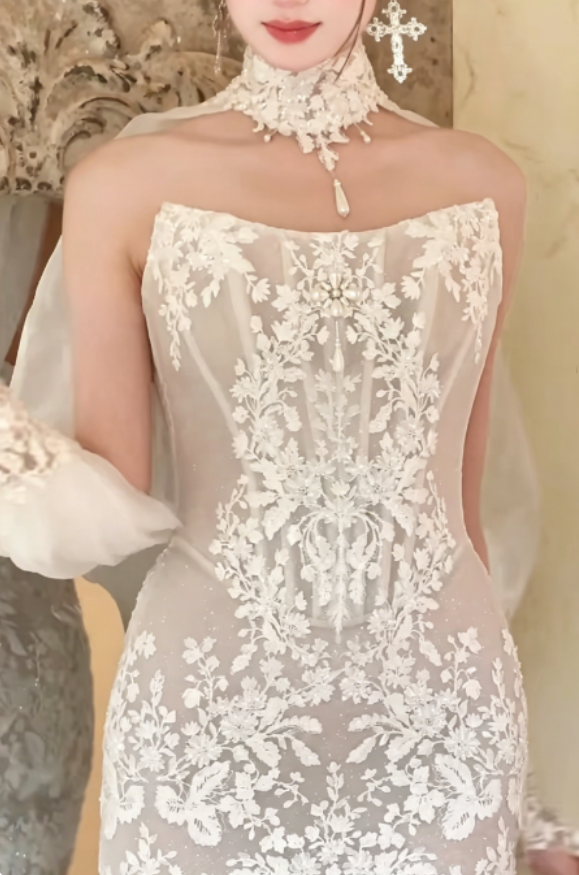 Charming Strapless White Wedding Dress With Sleeve Short Lace A-Line Bridal Dress GG6255