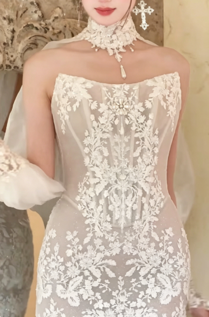 Charming Strapless White Wedding Dress With Sleeve Short Lace A-Line Bridal Dress GG6255