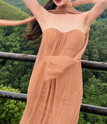 Simple Strapless Brown Prom Dress With Scarf Tulle Sheath Evening Dress GG6258