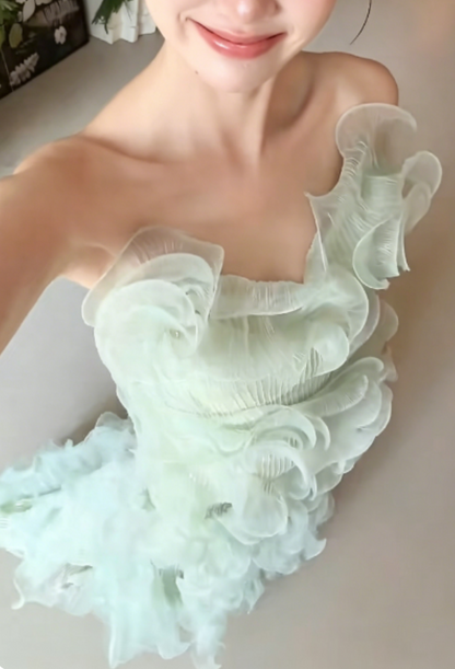 Sparkly One Shoulder Green Prom Dress Ruffles Sequins Mermaid Evening Dress GG6259