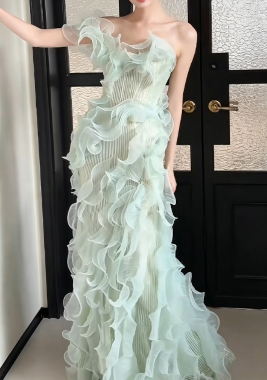 Sparkly One Shoulder Green Prom Dress Ruffles Sequins Mermaid Evening Dress GG6259