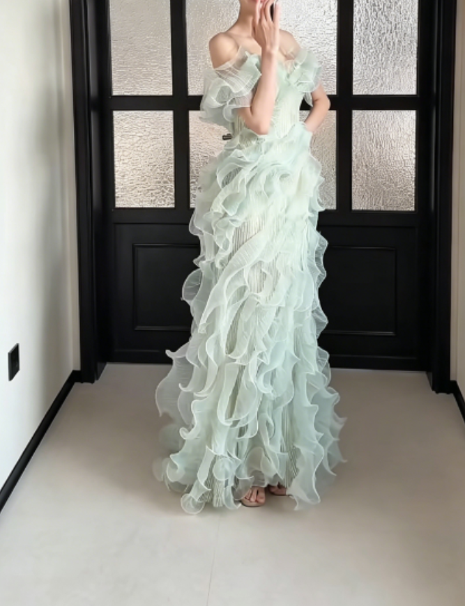 Sparkly One Shoulder Green Prom Dress Ruffles Sequins Mermaid Evening Dress GG6259