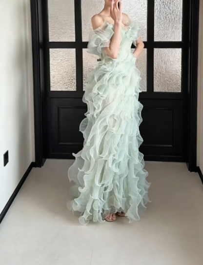 Sparkly One Shoulder Green Prom Dress Ruffles Sequins Mermaid Evening Dress GG6259