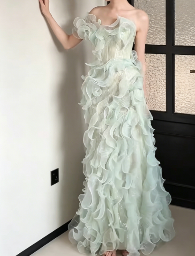 Sparkly One Shoulder Green Prom Dress Ruffles Sequins Mermaid Evening Dress GG6259