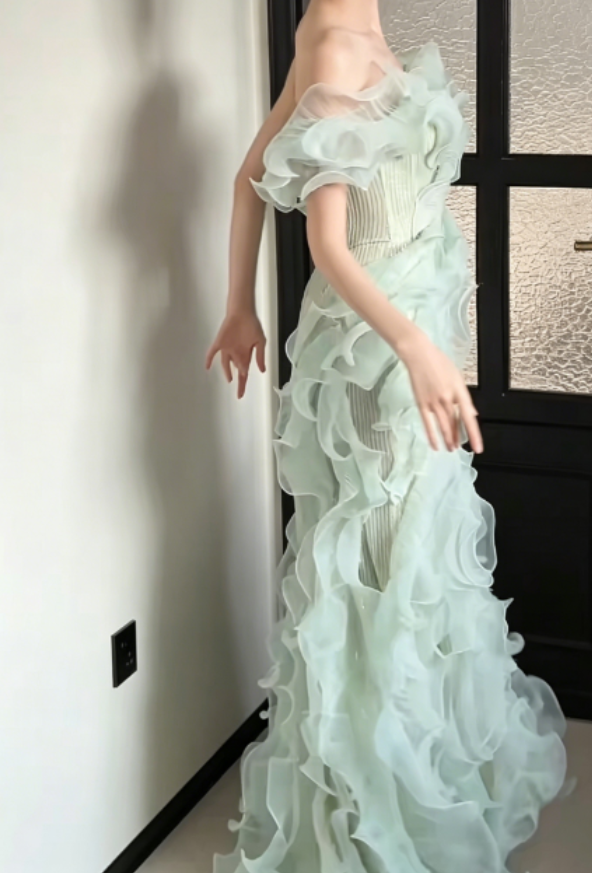 Sparkly One Shoulder Green Prom Dress Ruffles Sequins Mermaid Evening Dress GG6259