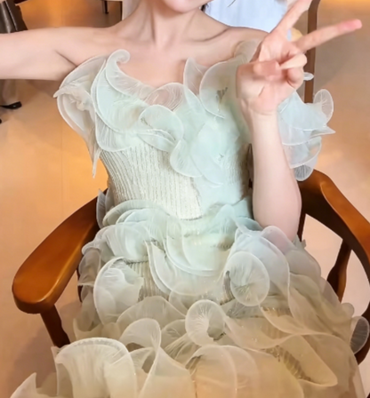 Sparkly One Shoulder Green Prom Dress Ruffles Sequins Mermaid Evening Dress GG6259