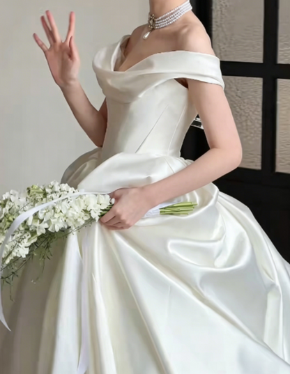Chic Off-Shoulder Satin Wedding Dress White A-Line Bridal Dress GG6261