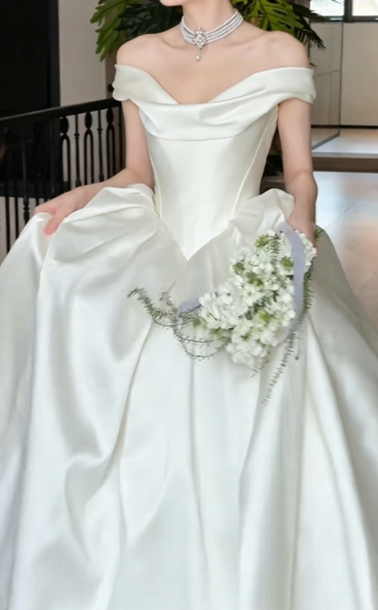 Chic Off-Shoulder Satin Wedding Dress White A-Line Bridal Dress GG6261
