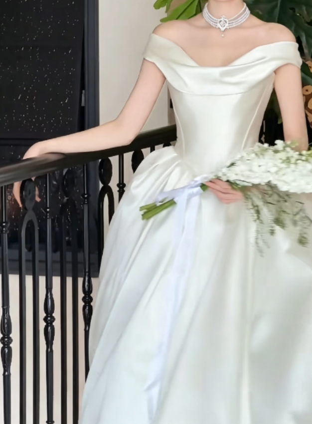 Chic Off-Shoulder Satin Wedding Dress White A-Line Bridal Dress GG6261