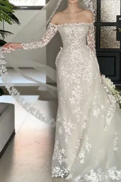 Classical Off-Shoulder Lace Wedding Dress Long Sleeve Sheath Bridal Dress GG6262